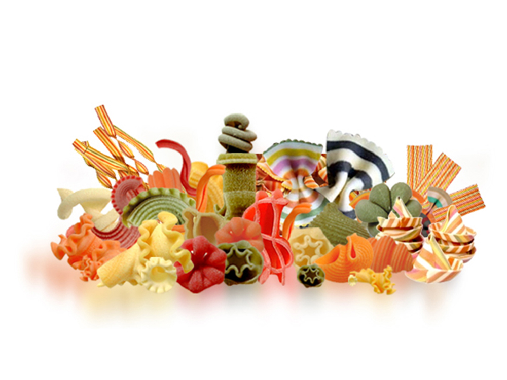 Handmade Pasta Assorted multicolor Italian pasta shapes displayed under the Pastificio Leo .